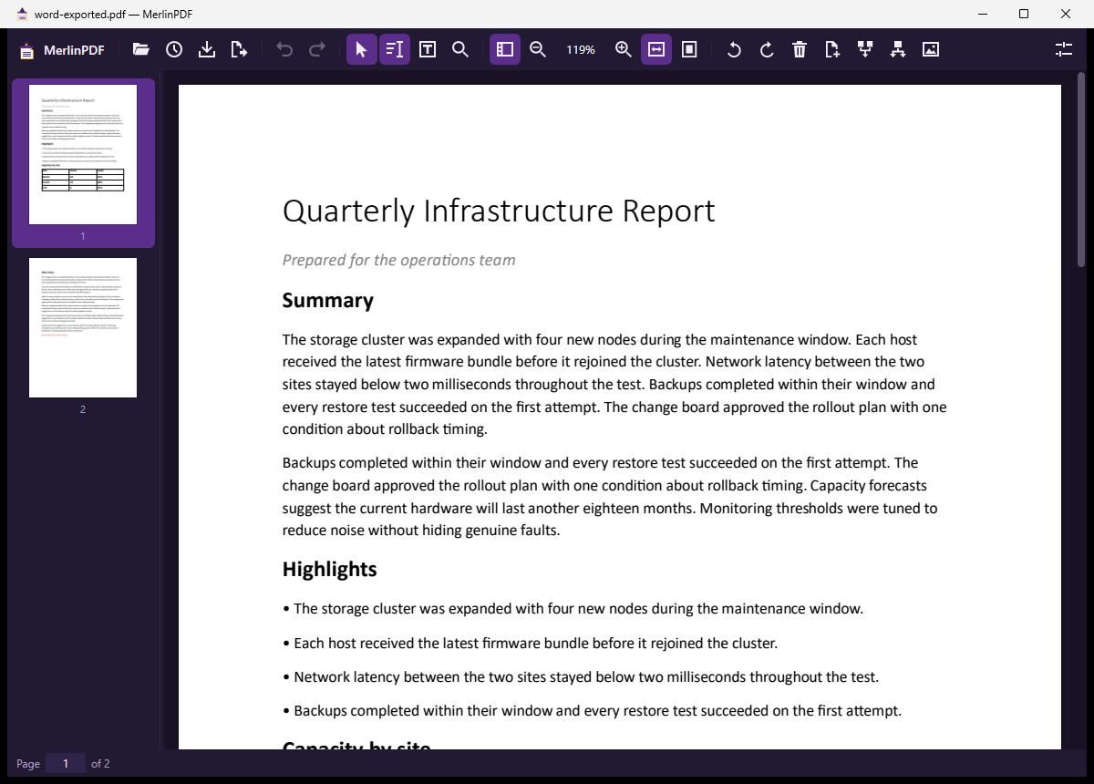 MerlinPDF main window with a report open, page thumbnails on the left and the editing toolbar across the top